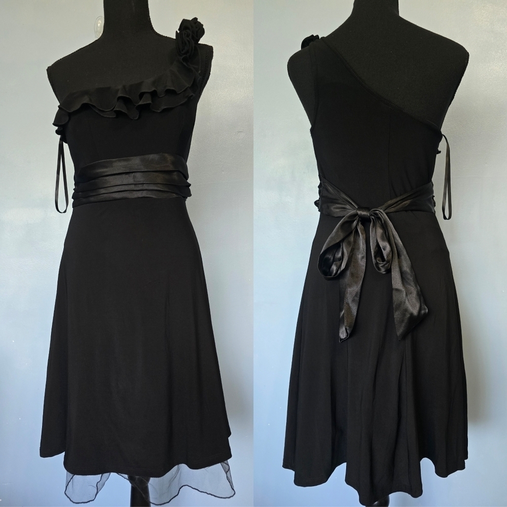 City Triangles Black One-Shoulder Ruffle Midi Dress with Satin Waist Tie L